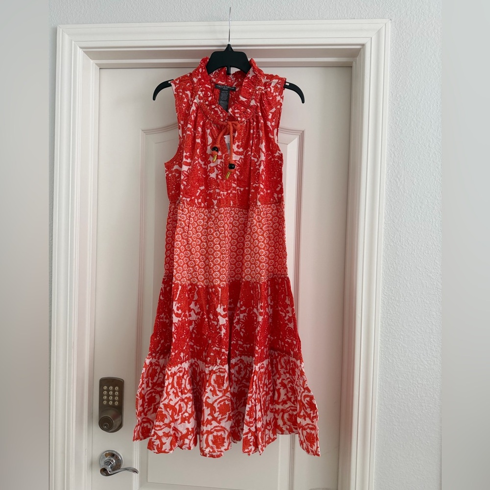 Chelsea & Theodore Embroidered Red Orange Sleeveless Swing Dress